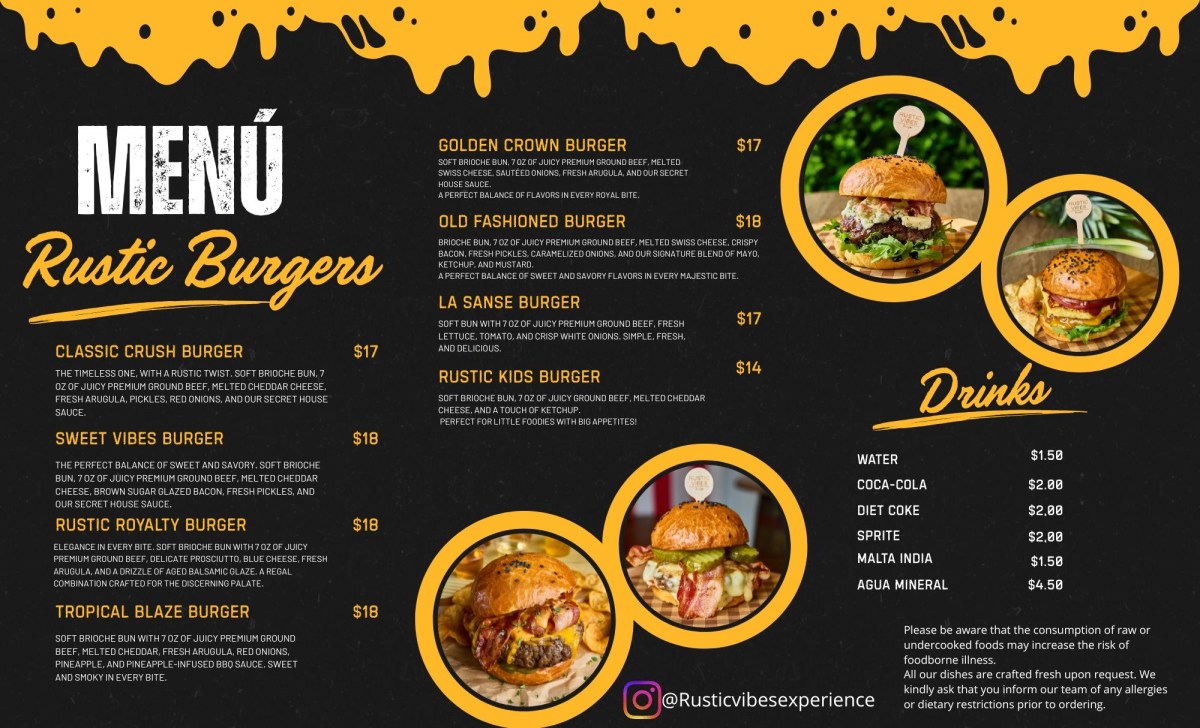 Rustic Burgers menu with burger images and prices, plus drink options on a black and yellow design.