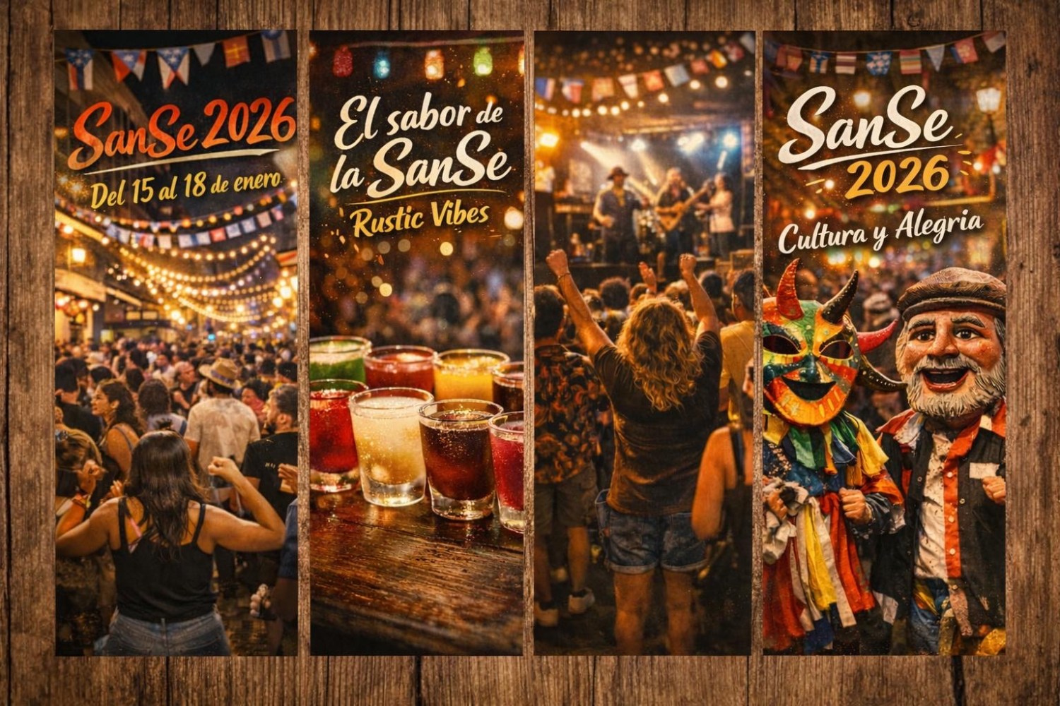 Four colorful banners promoting SanSe 2026 festival with music, drinks, and vibrant costumes.