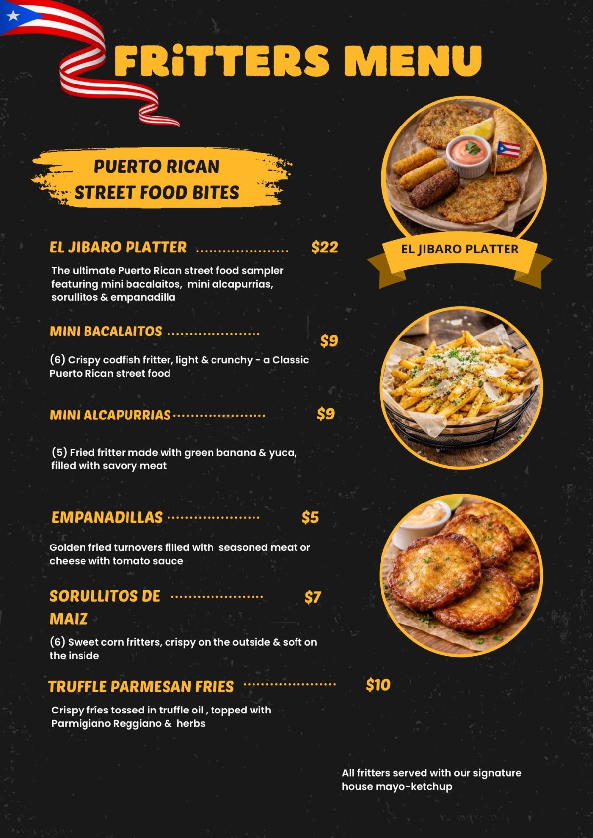 Fritters menu with prices and images of platters, featuring Puerto Rican street food.